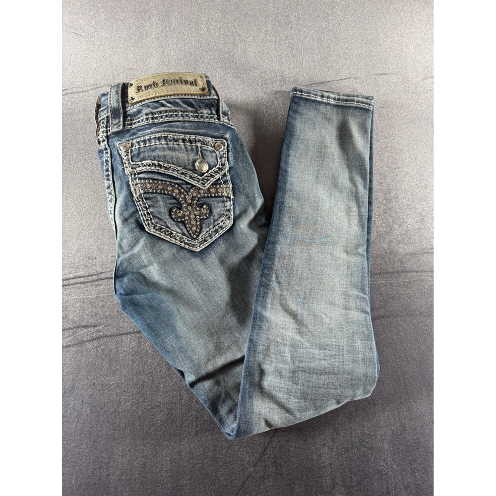 Rock Revival Womens Skinny Jeans Medium Wash Embellished Fleur De Lis Size 25